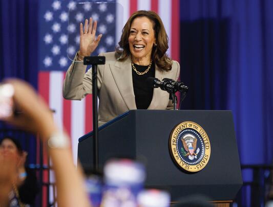 Kamala Harris waves to crowd from podium in front of US flag