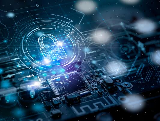 A stylized image of a circuit board with the glowing outline of a padlock in the centre