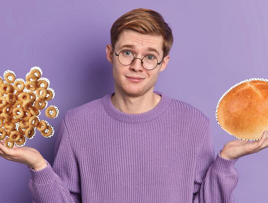 Mixed-media image showing a student shrugging with an over-sized bun in one hand and cascading Cheerios in the other