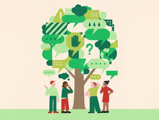 A graphic of a tree made of green conversation bubbles with people conversing underneath.