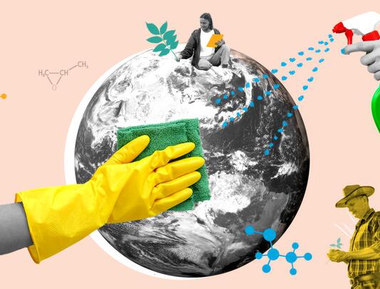 A graphic of hands and people cleaning up the earth with a spray bottle, a cloth, plants, and chemicals.