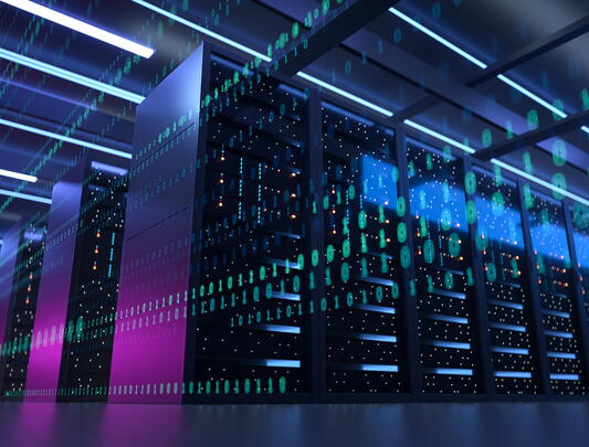 Data centre with rows of computer servers