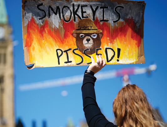 Woman holds wildfire protest sign at Canada's Parliament Hill