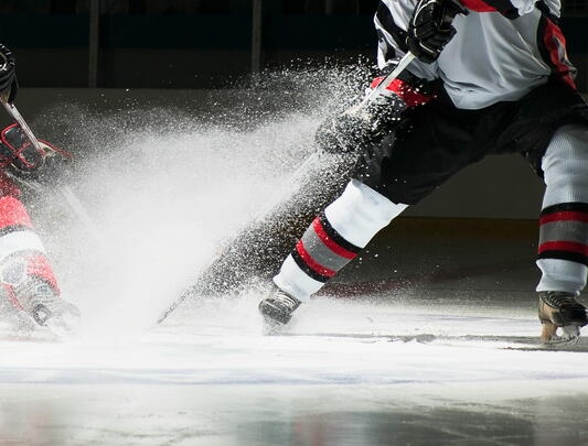 Two hockey players compete on the ice
