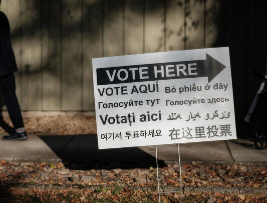 A signboard in multiple languages with directions to voting station 