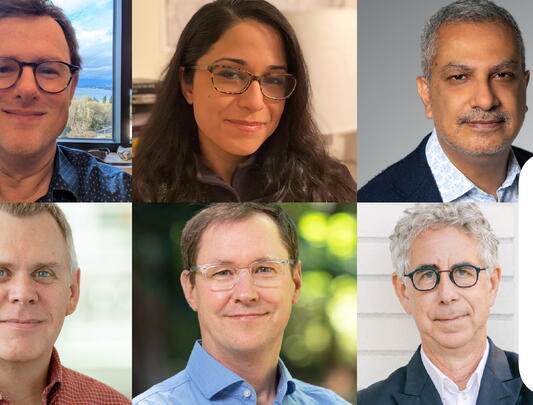 Headshots of the six experts, with a white capital letter Q juxtaposed on top