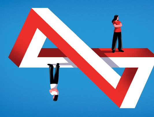 An illustration of two people standing on opposite sides of a rectangular infinity loop