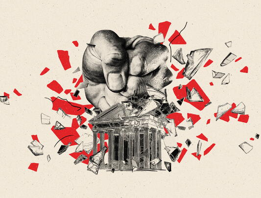 An illustration of a fist shattering the USA Supreme Court Building.