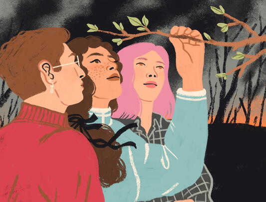 An illustration of three people looking up at a branch while a wildfire rages in the background
