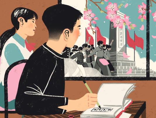 An illustration of students in a classroom practicing calligraphy, while outside the window other people march beside red flags