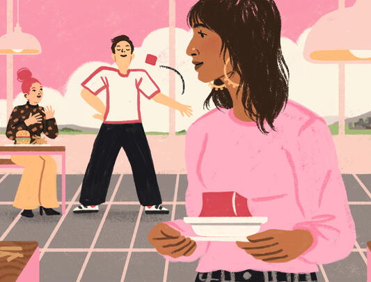 An illustration of a person with shaggy brown hair and a pink sweater holding a plate of red jello and watching another person bounce jello up his arm.