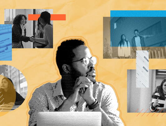 Mixed-media image collage showing black and white photos of young people in career-related settings with colourful graphic elements