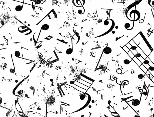 Musical notes randomly printed in a collage