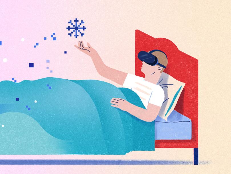A man lies in a bed wearing a virtual reality headset. His bed transforms into a landscape of snowy hills, he holds his hand to a snowflake made of pixels. 