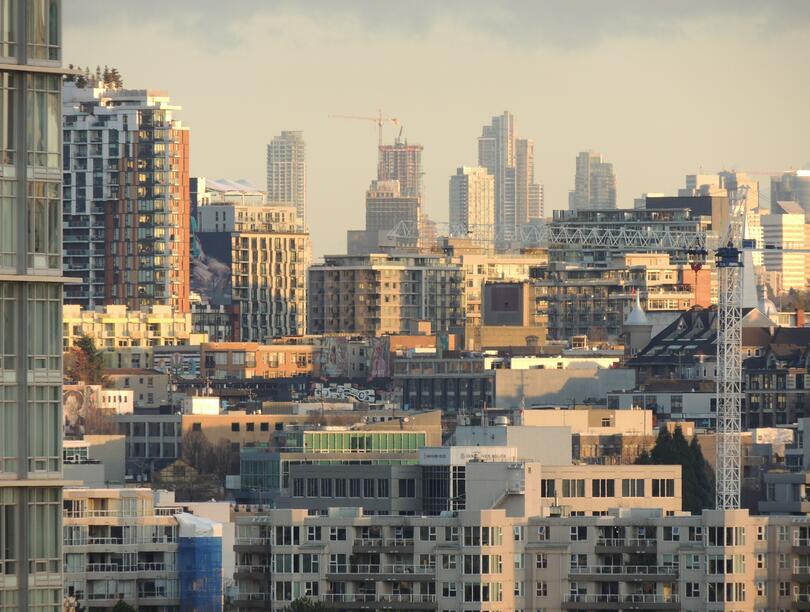 Wide-angle shot of apartment buildings under construction