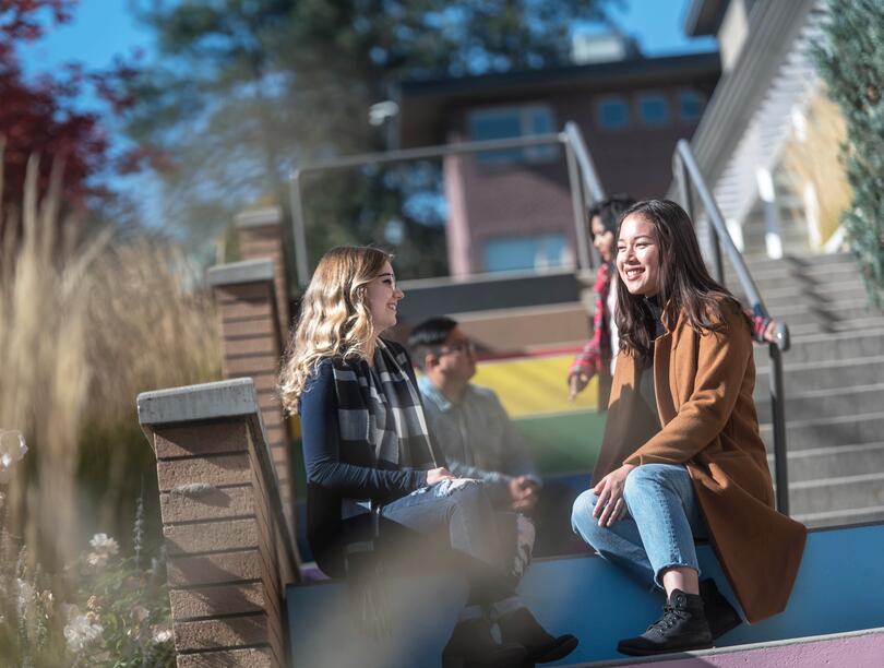 Two students sitting on stairs talking to each other.