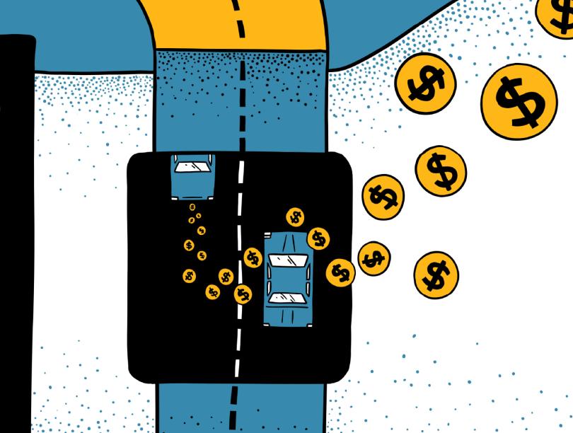 A drawing of coins with dollar signs coming out the back of a car as it drives along a street.