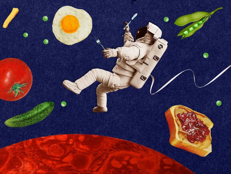 an illustration of an astronaut in space, surrounded by food