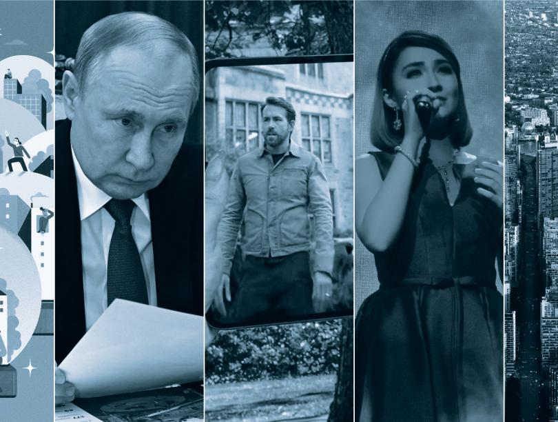 Composite image showing from left to right: illustration of cities, Vladimir Putin, Ryan Reynolds, Gerphil Geraldine Flores, aerial shot of Vancouver