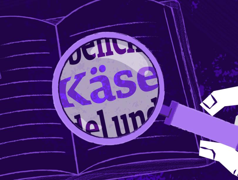 Illustration of a purple magnifying glass against a purple book