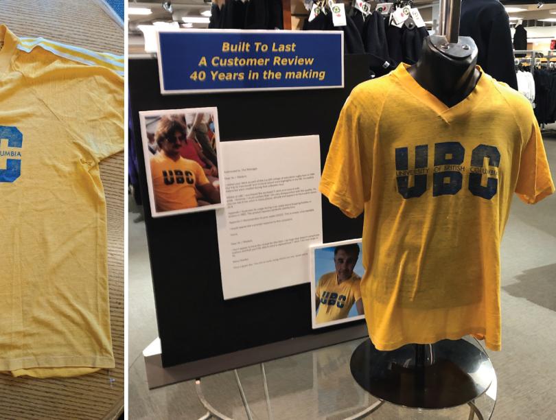 Old yellow UBC t-shirt displayed on mannequin 