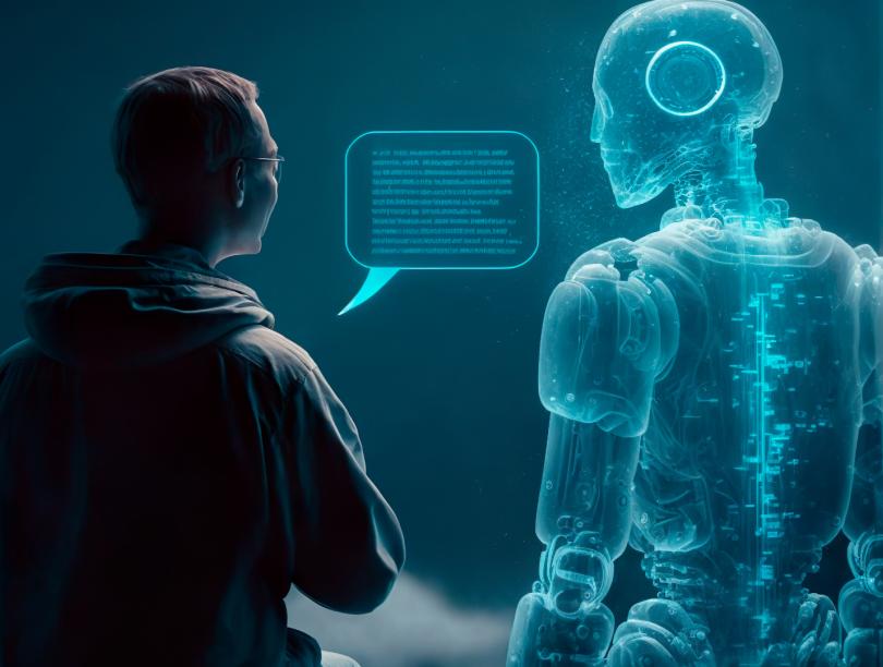 The back of a human and a hologram of a robot, with both staring at a screen with projected text