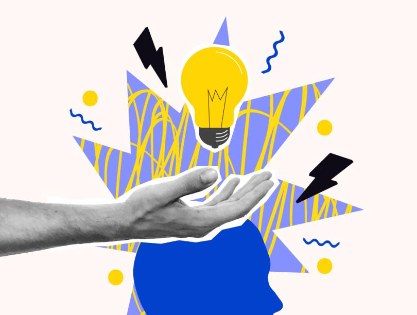Outstretched hand above an illustration of a person's head, with a light bulb and squiggle lines above