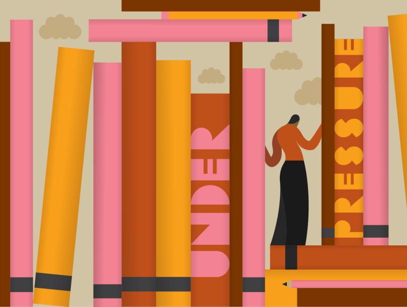 Graphic illustration depicting a student standing within a large bookshelf