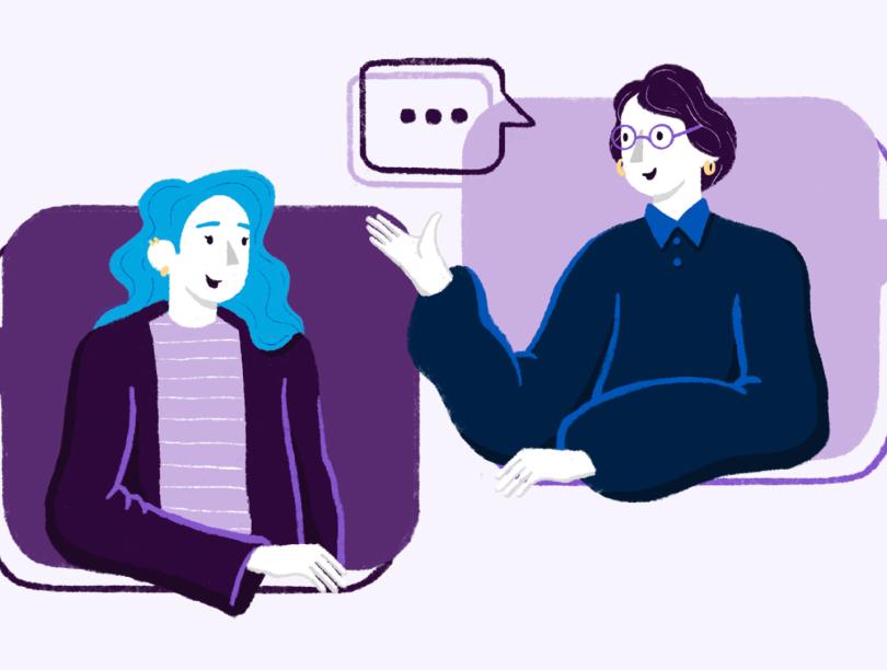 Illustration of two people, each in a speech bubble, talking