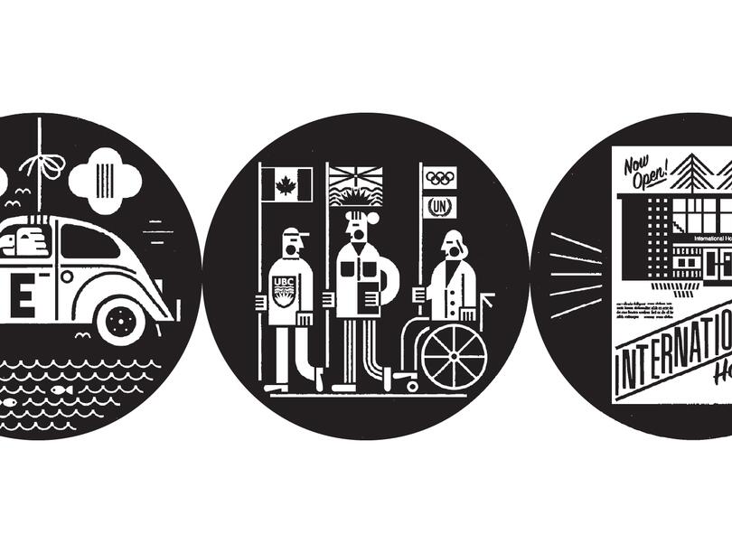 A black and white illustration of three side-by-side circles — one circle depicts a car with an 'E' on it, another has three people holding flags, the third shows a newspaper article with the words 'Now Open! International House'