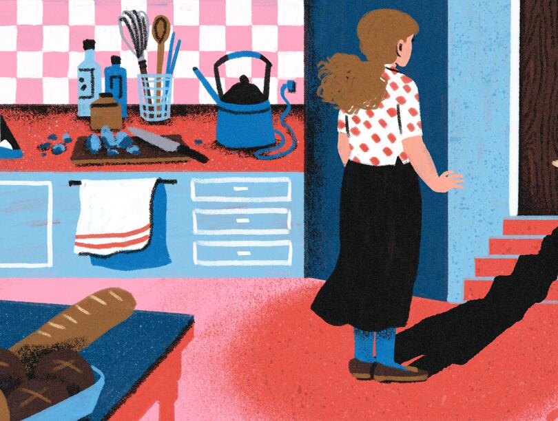An illustration of a kitchen, in which a person with long brown hair and a black skirt looks towards the open front door.