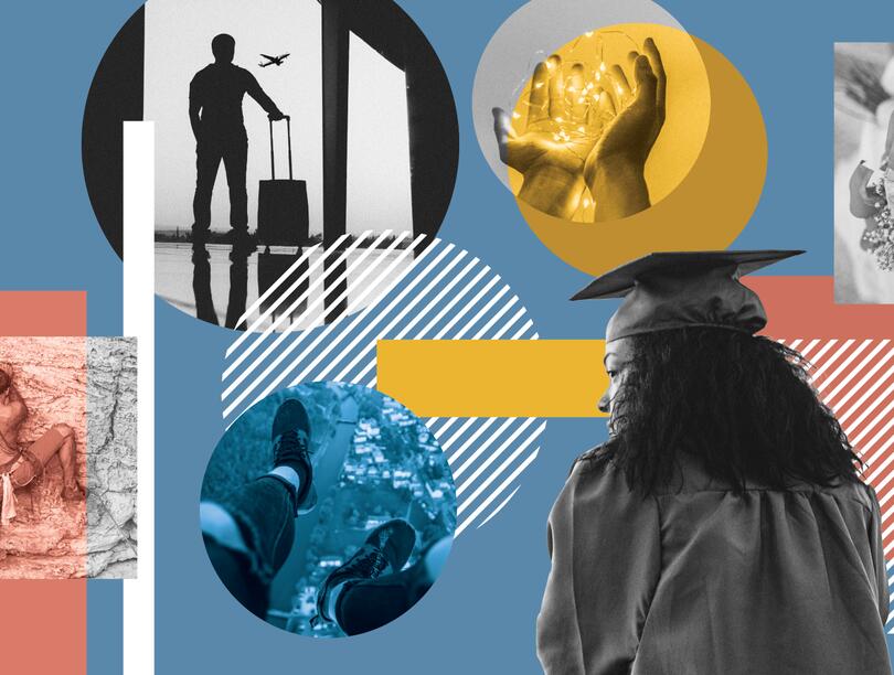 Mixed-media image collage showing various scenes tied to bravery