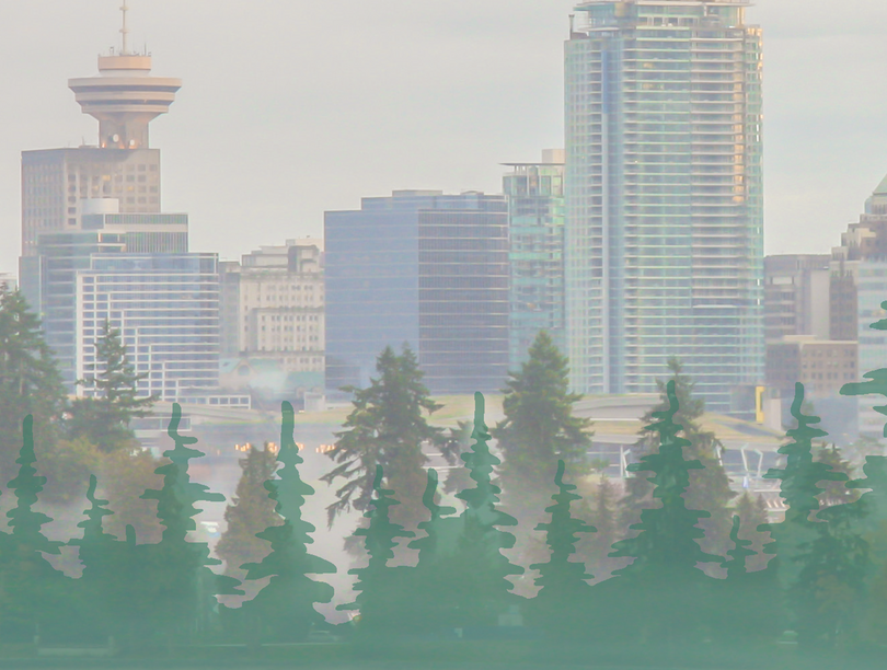 Illustration of downtown Vancouver with trees in the foreground