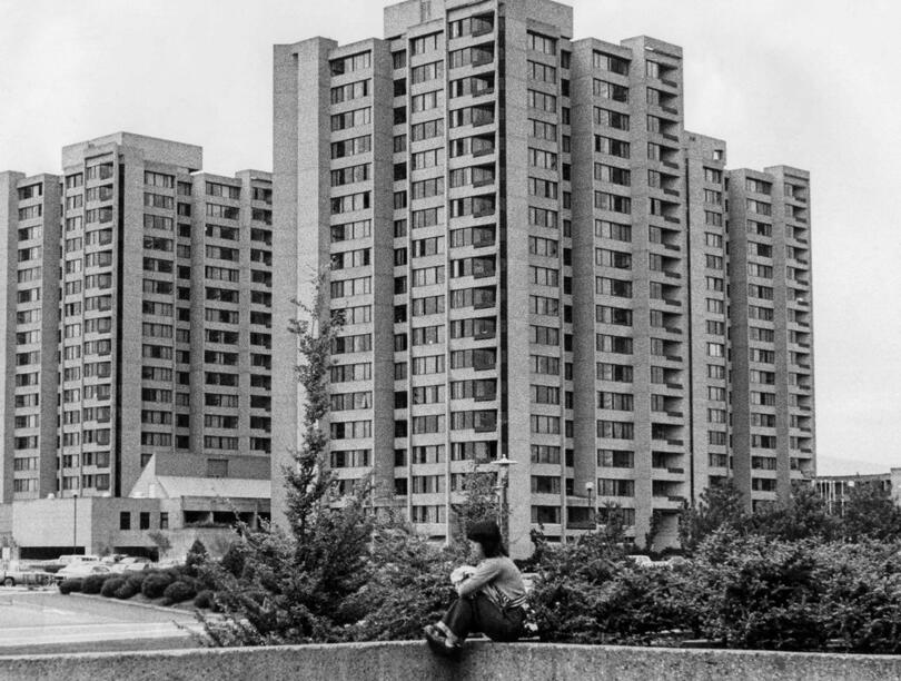 Black and white photo of Walter Gage Towers