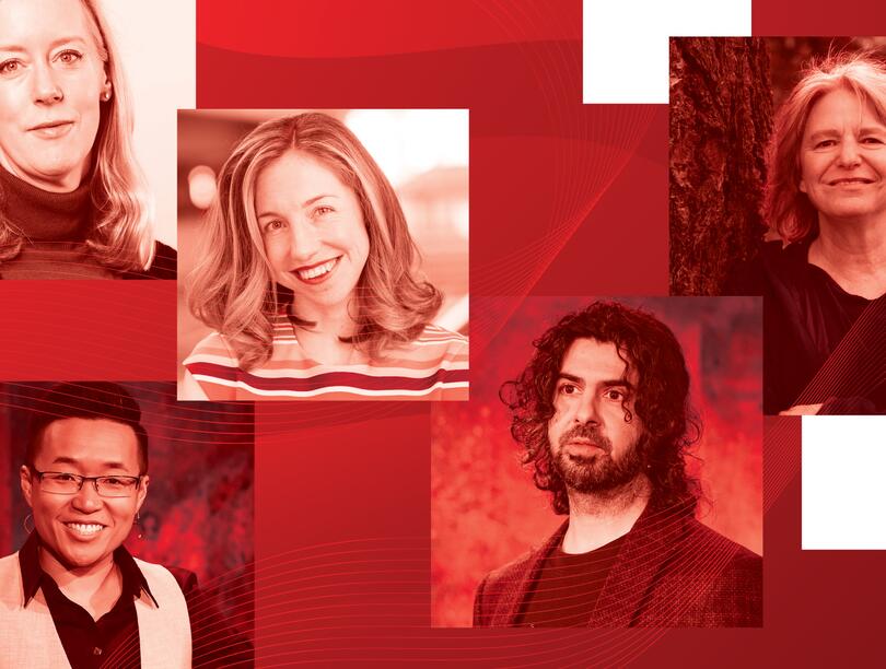 Collage of speakers' faces in TED Talk red