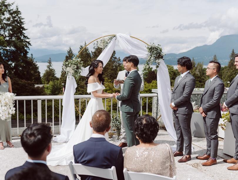 Wedding ceremony with mountains in distance