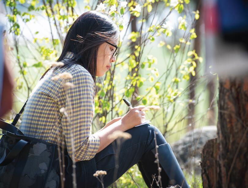 A person writes on a notebook while sitting amongst trees