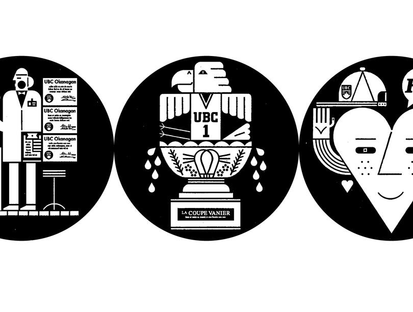 A black and white illustration of three side-by-side circles: the first shows a scientists in a lab with UBC Okanagan diplomas on the wall, the second shows a UBC Thunderbird sitting atop the La Coupe Vanier, and the third shows an anthropomorphic heart saying, "Hi!"