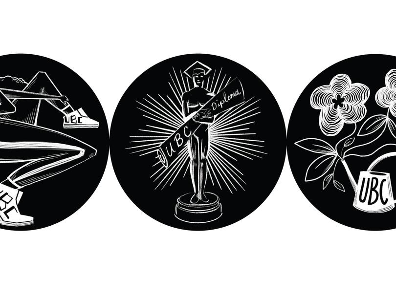 A black and white illustration of three side-by-side circles: one circle shows a hip hop dancer, another shows a graduate holding a UBC diploma, and the third shows flowers growing out of a watering can