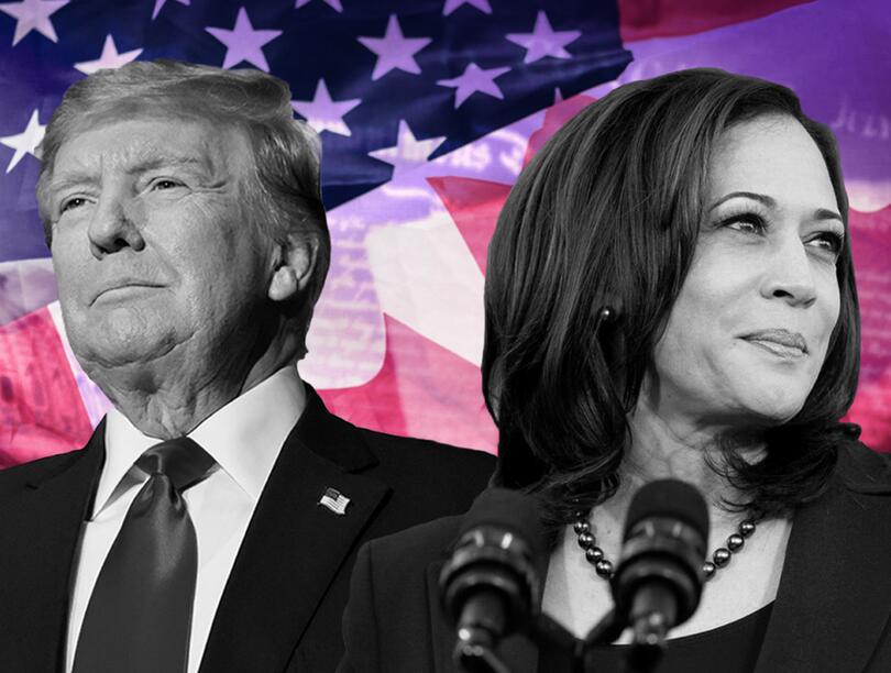 Donald Trump and Kamala Harris in front of US and Canadian flags