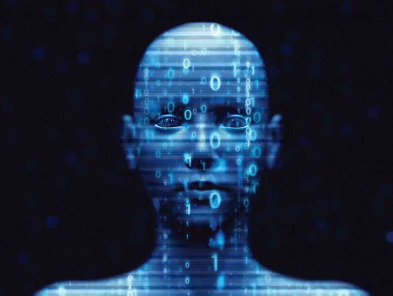 Blue humanoid head covered in zeros and ones