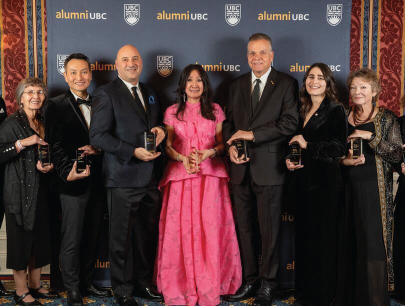 Group shot of the 2024 alumni UBC Achievement Awards Recipient, with each individual holding their award