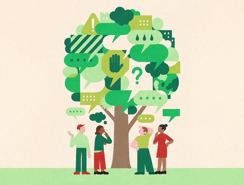 A graphic of a tree made of green conversation bubbles with people conversing underneath.