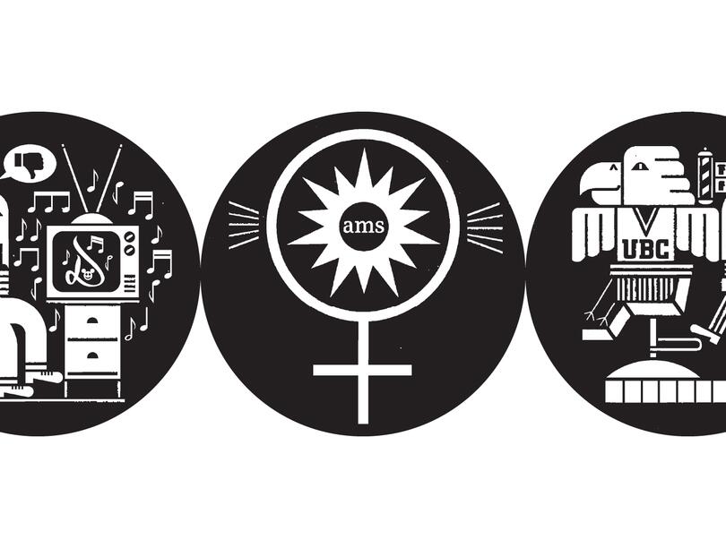 A black and white graphic of three circles: one of someone judging music, one with the AMS logo in a female gender symbol, and one of a Thunderbird getting a haircut.