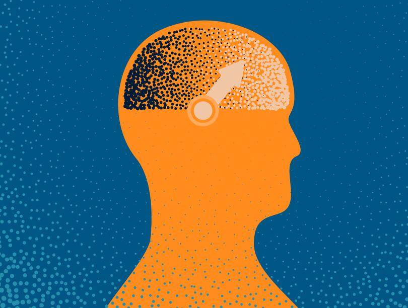 An orange graphic of a person with a dial in their head against a blue background.