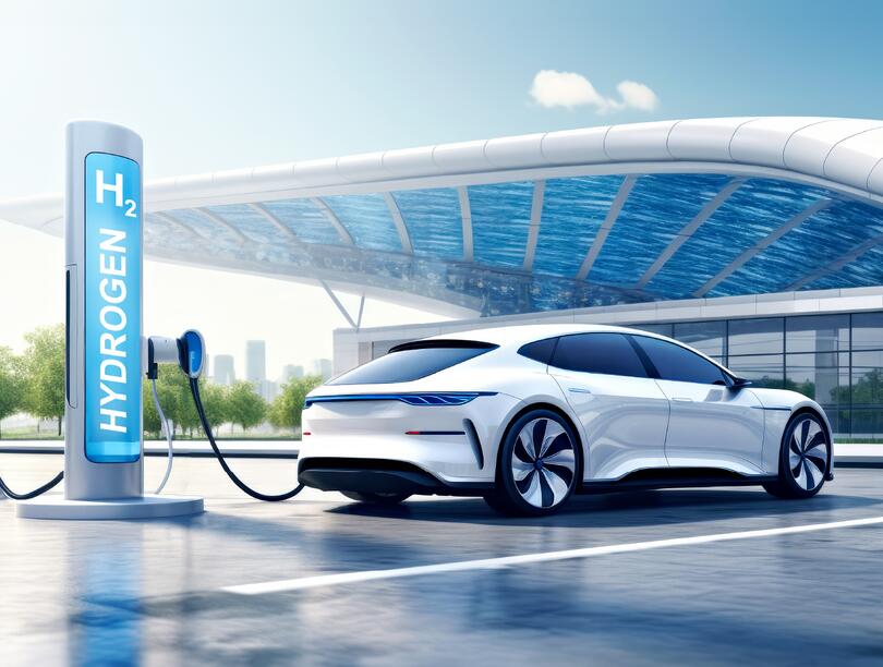 A futuristic depiction of a car plugged into a hydrogen fuelling station.