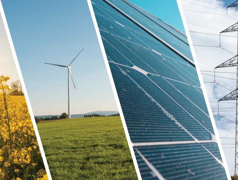 Collage of four images: a field of canola, a wind turbine, solar panels, and a cell tower