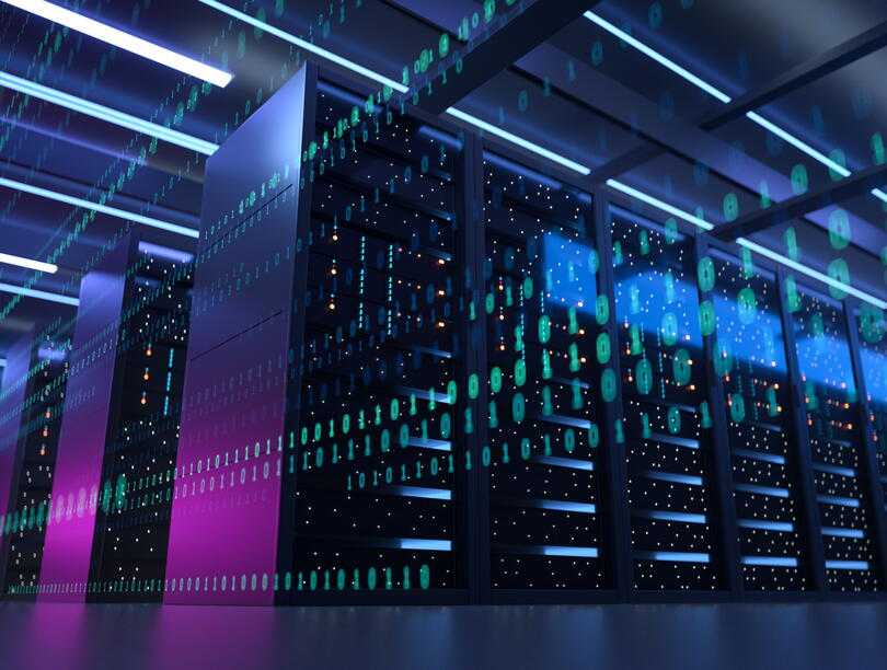 Data centre with rows of computer servers