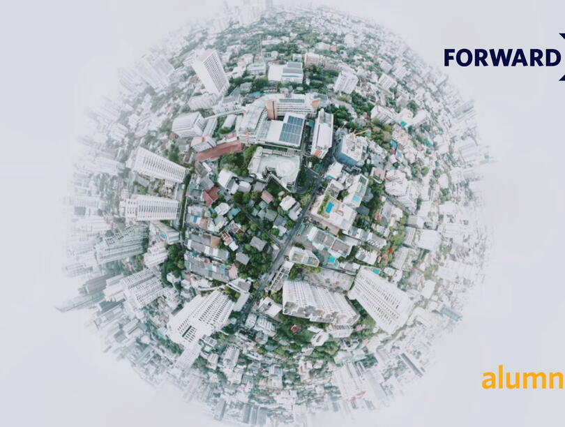 An urban cityscape superimposed on the surface of a sphere