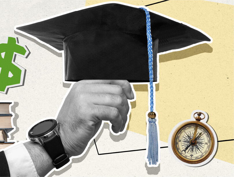Mixed media image showing a hand holding a graduation cap, a stack of books, and other graphic elements
